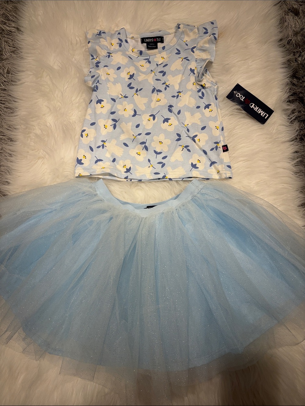 Kids Limited Too Light Blue Floral Tee with Sparkle Tulle Skirt, size 6